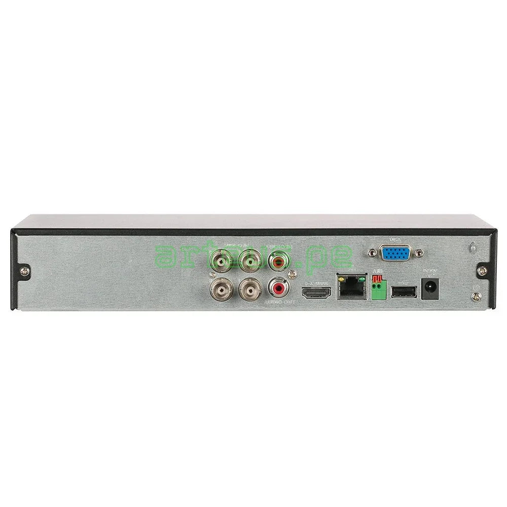 Vista trasera de grabador DVR de seguridad con múltiples puertos BNC, HDMI y red LAN.