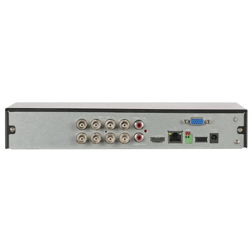 Vista trasera de grabador DVR de seguridad con múltiples puertos BNC, HDMI, VGA y audio