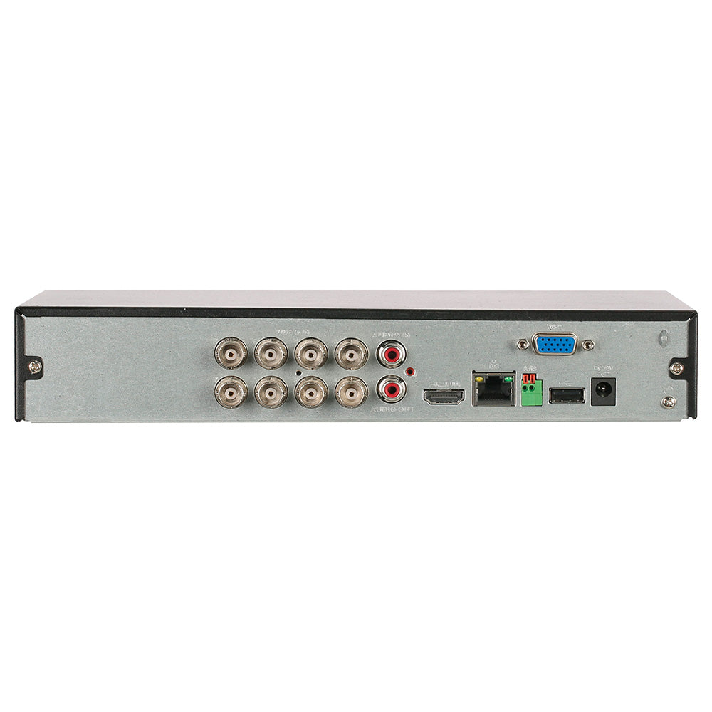 Vista trasera de grabador DVR de seguridad con puertos BNC, HDMI, USB, VGA y de red Ethernet