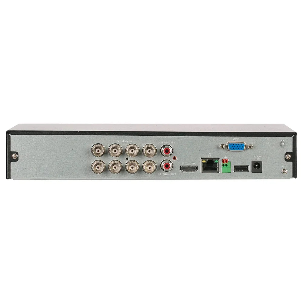 Vista trasera de grabador DVR de seguridad con puertos BNC, HDMI, USB, VGA y de red Ethernet