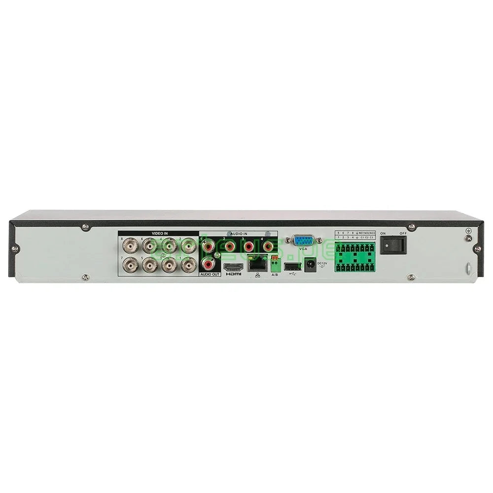 Vista trasera de grabador DVR de seguridad, entradas de video, audio, HDMI y puertos de red