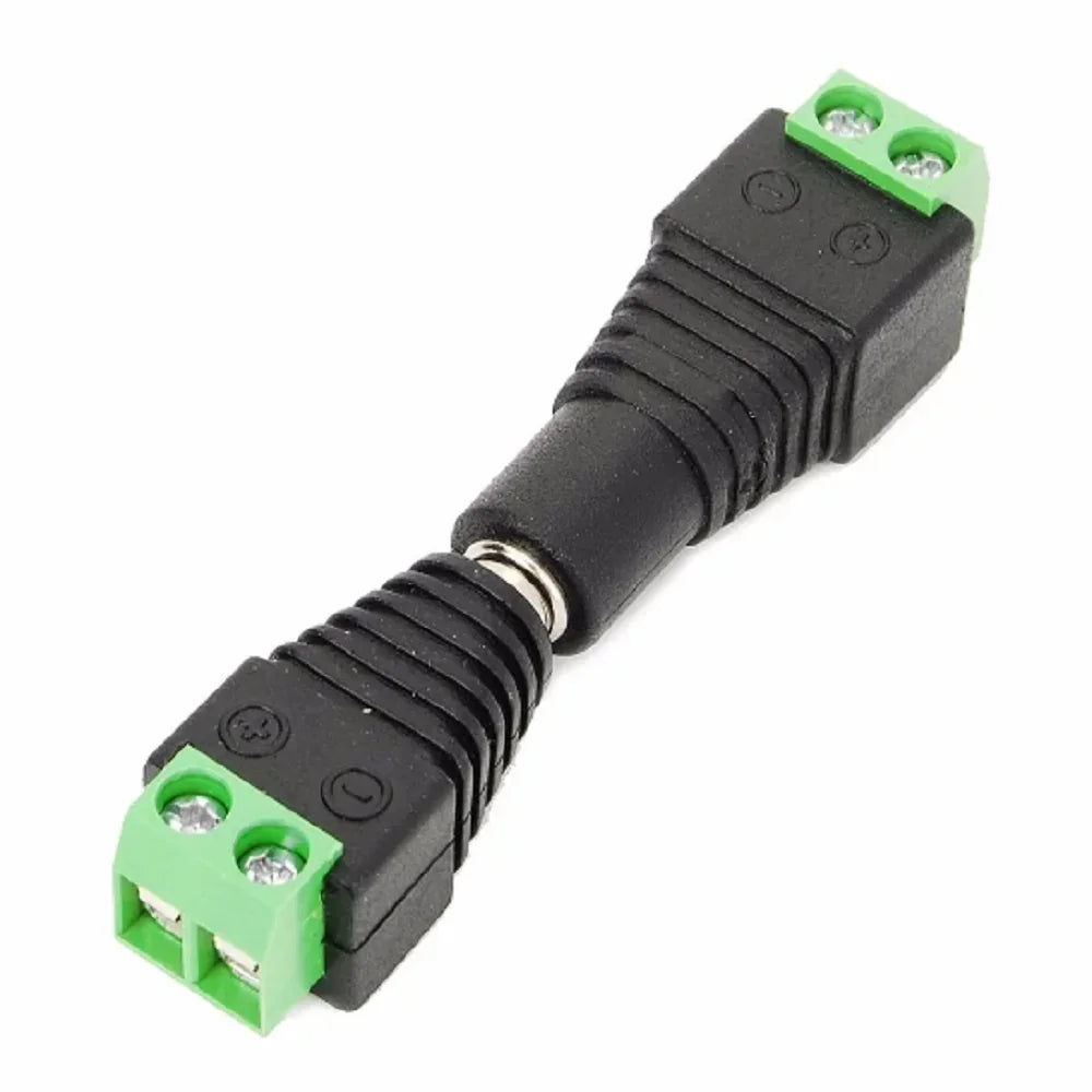 Adaptador de corriente DC a terminal de tornillo negro, con conectores verdes, para cableado y CCTV.