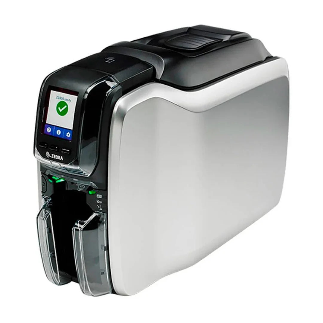 Impresora de tarjetas Zebra ZC300 color plata, pantalla LCD, soluciones de seguridad y acceso.