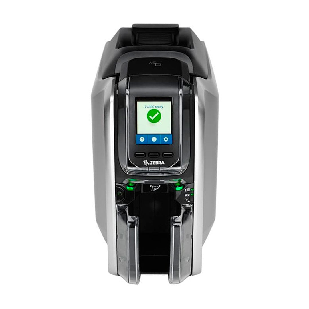 Impresora de credenciales Zebra ZC300 de frente con pantalla y ranura para tarjetas.
