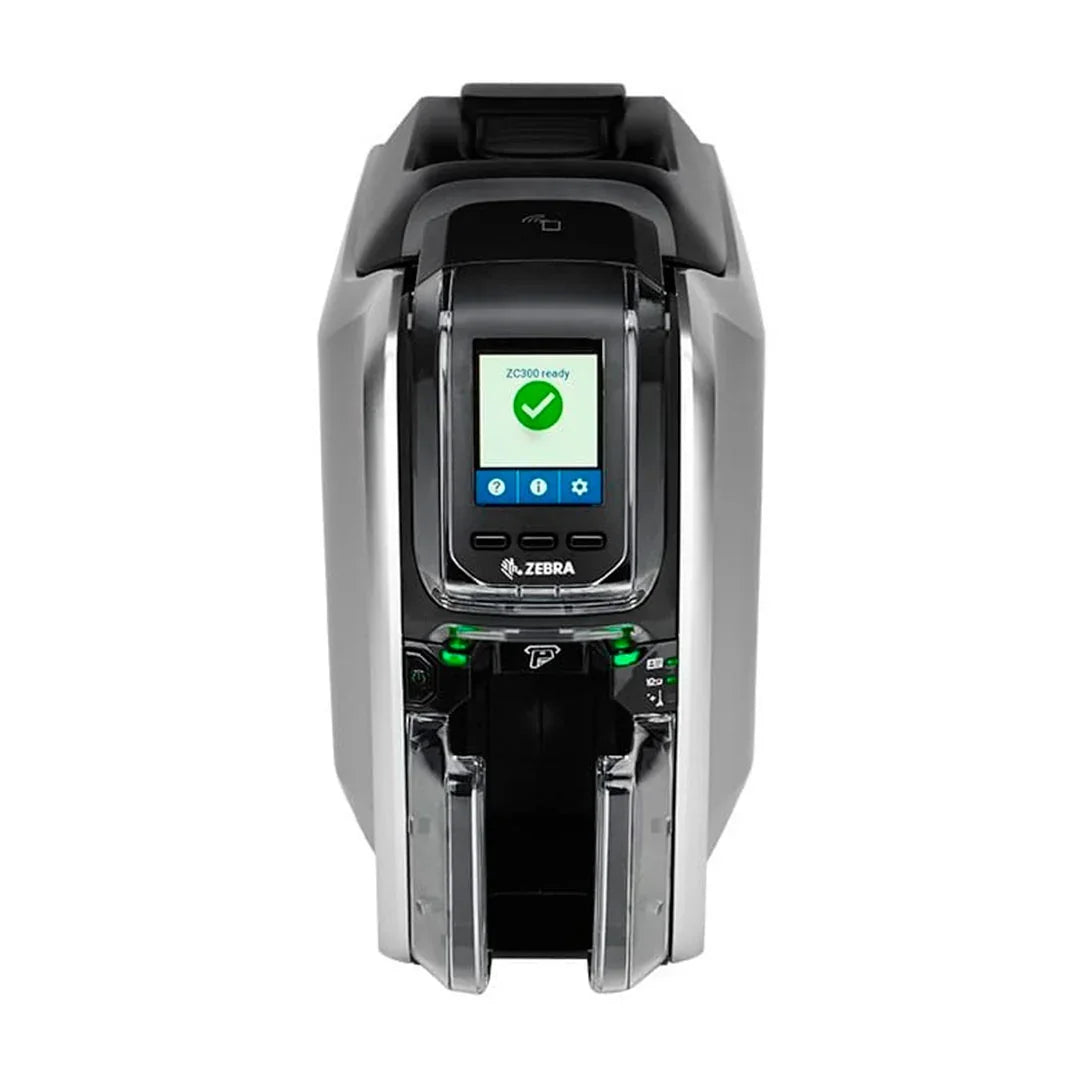 Impresora de credenciales Zebra ZC300 de frente con pantalla y ranura para tarjetas.