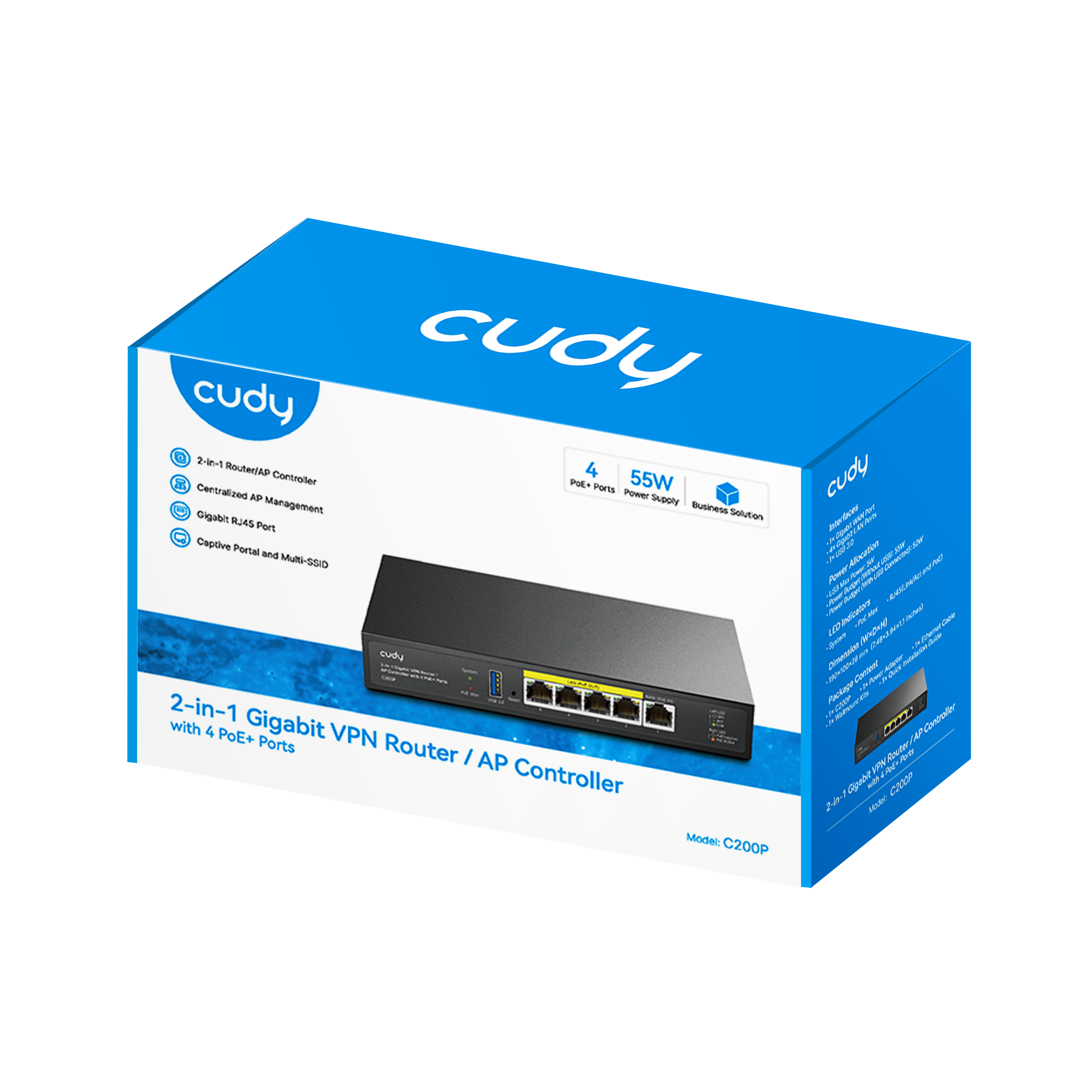 CUDY C200P Router VPN Gigabit 2 en 1 Controlador de punto de acceso con 4 puertos PoE+