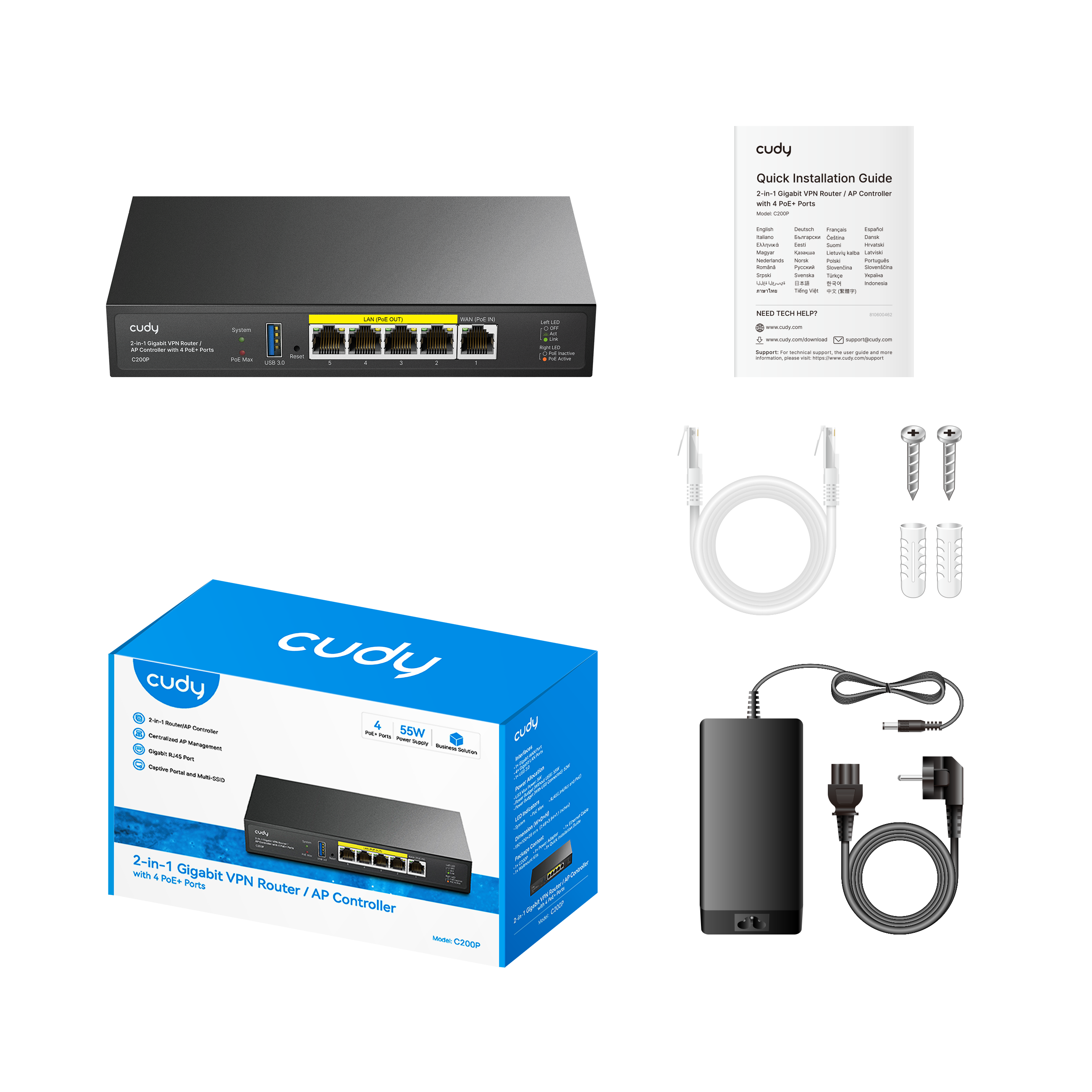 CUDY C200P Router VPN Gigabit 2 en 1 Controlador de punto de acceso con 4 puertos PoE+