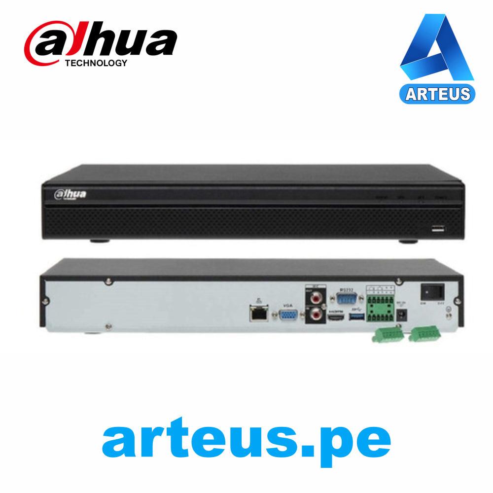 Grabador NVR Dahua 16 canales IP 4K, vista frontal y trasera, conectores y logos visibles.