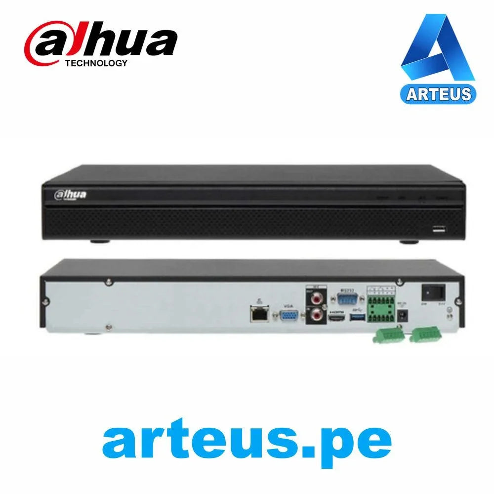 Grabador NVR Dahua 16 canales IP 4K, vista frontal y trasera, conectores y logos visibles.