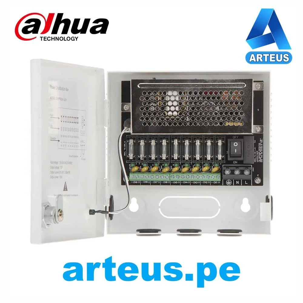 Fuente de alimentación Dahua de 9 canales 12V para cámaras de vigilancia, caja metálica abierta.
