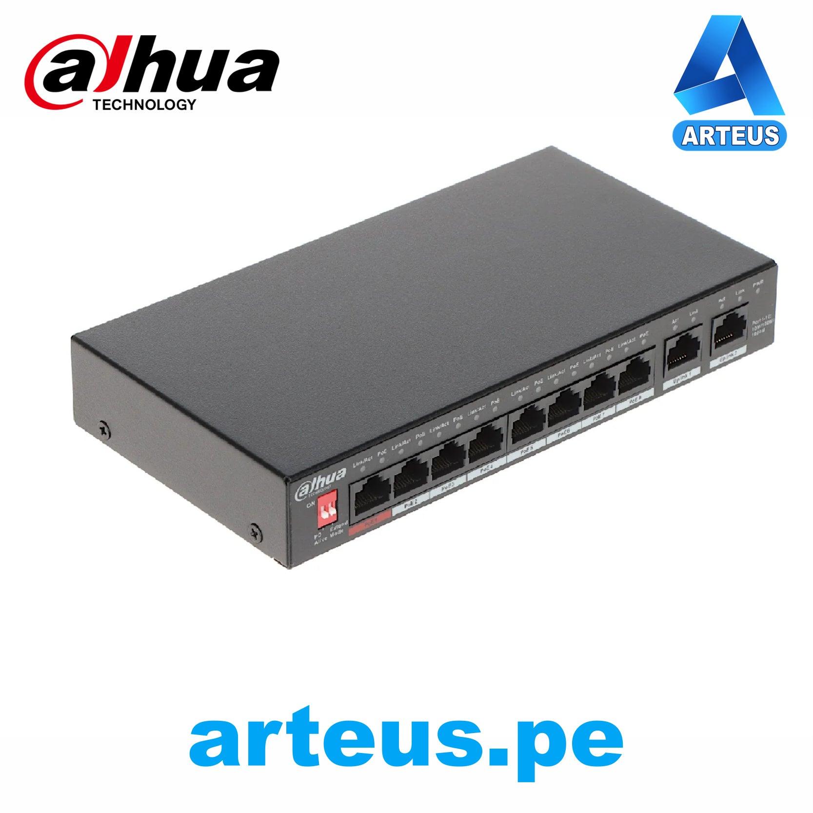 DAHUA DH-PFS3010-8GT-96 - Switch Conmutador de 8 puertos POE 96w. Giga 10/100/1000. Capa 2. No administrable. POE 2.0 - ARTEUS