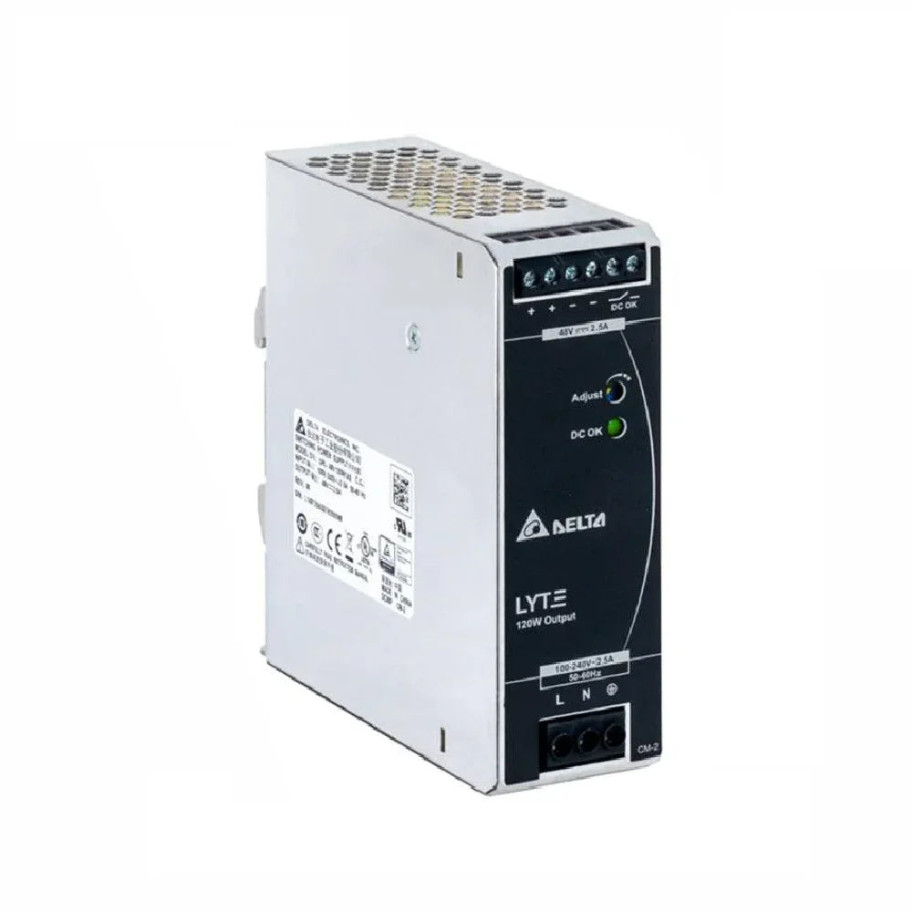 Fuente de poder industrial Delta LYTE, 48V, 120W, para sistemas de redes y seguridad electrónica.