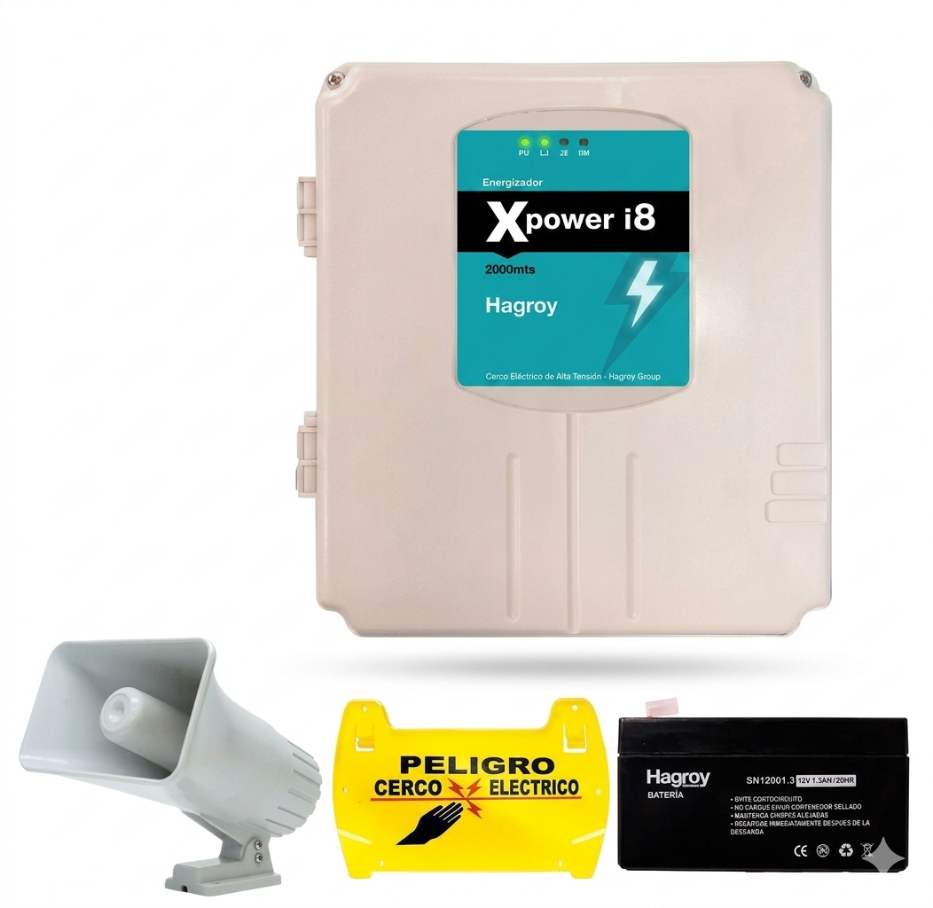 HAGROY KIT-XPOWERi8-2000 Kit de Cerco: Xpower i8, Sirena 30W, Batería 4A y Letrero