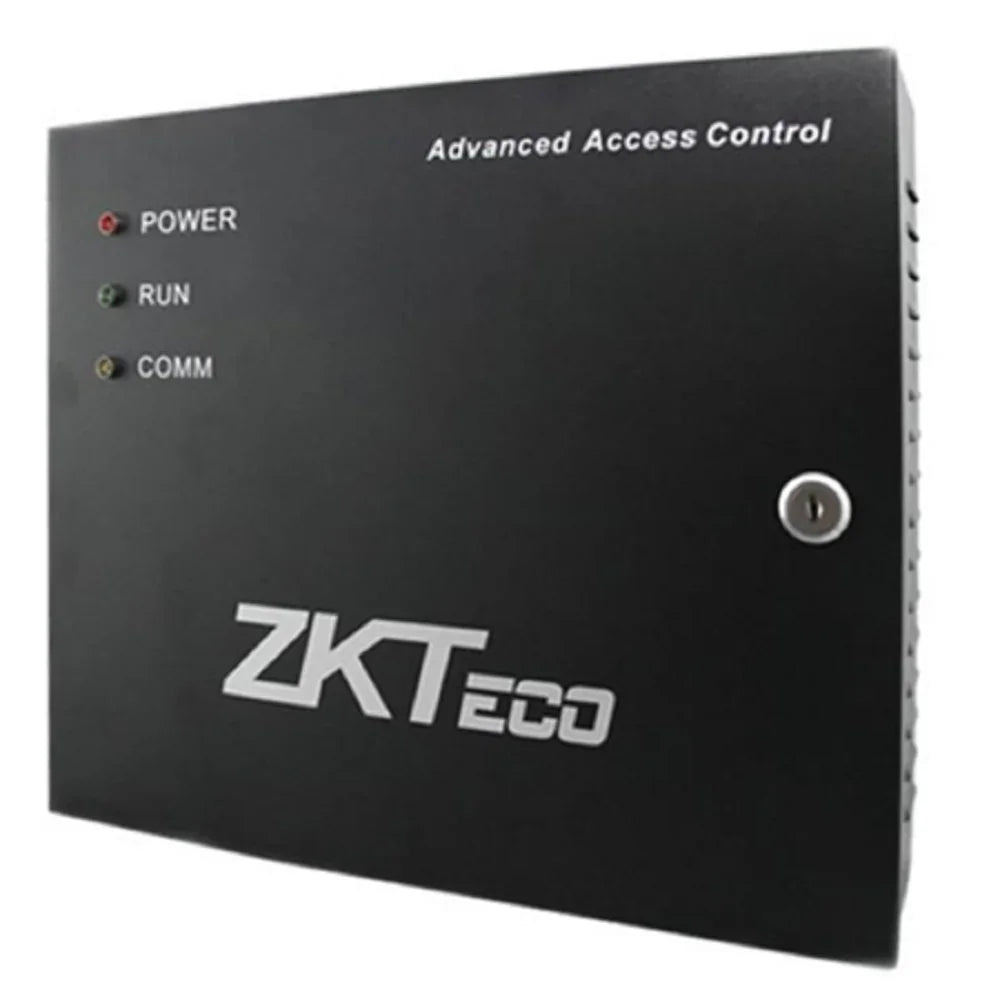 Controlador de acceso electrónico ZKTeco negro con indicadores LED, seguridad y control