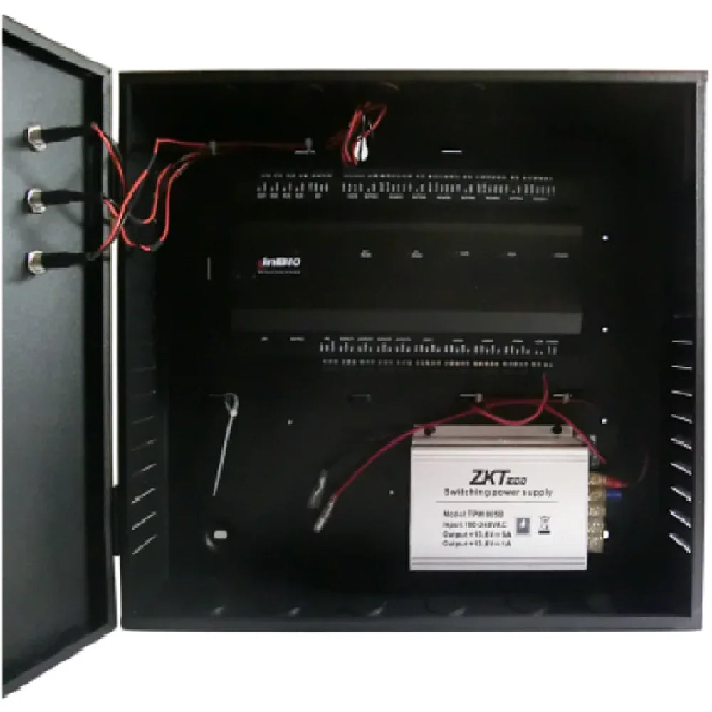 Controlador de acceso metálico con fuente de alimentación y conexiones para sistemas de seguridad electrónica.