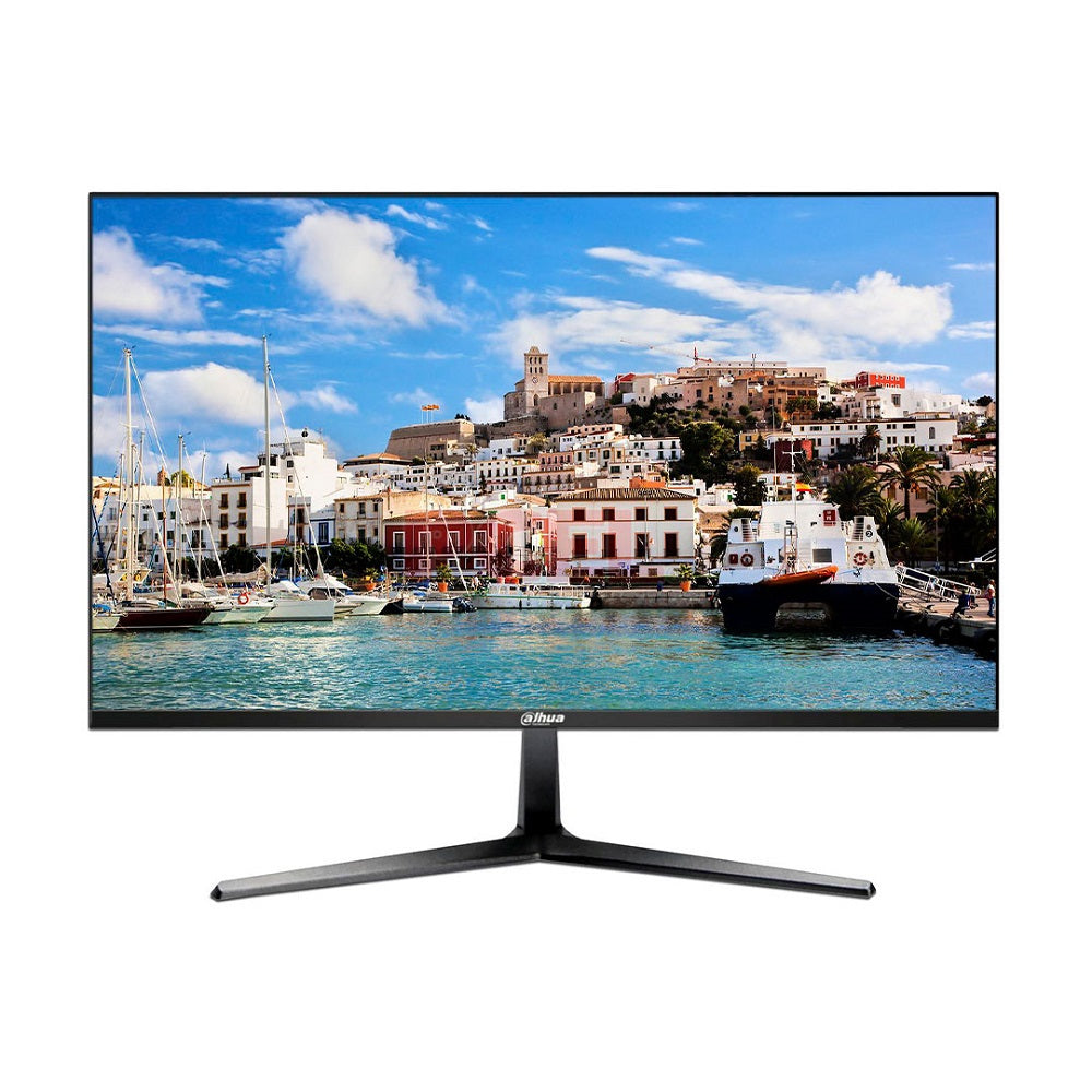 Monitor Dahua de pantalla delgada mostrando imagen de ciudad portuaria, ideal para oficina y multimedia