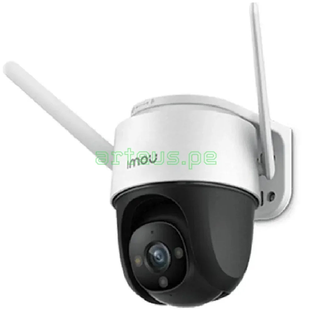Cámara de seguridad exterior inalámbrica con antenas y soporte mural, ideal para videovigilancia.