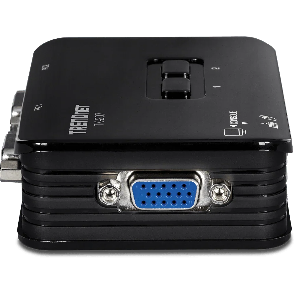 Switch KVM de 2 puertos TRENDnet con puerto VGA y botones de selección para redes y computo