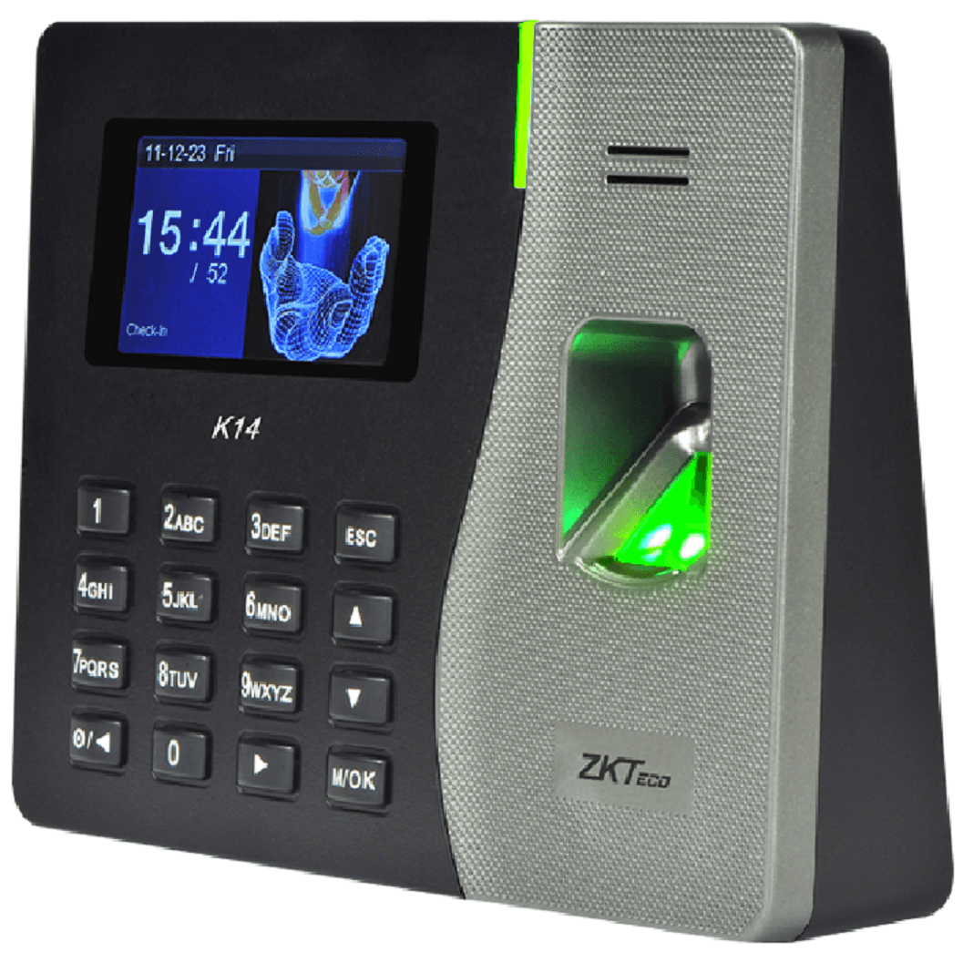 Reloj biométrico de asistencia con lector de huella digital, pantalla y teclado numérico