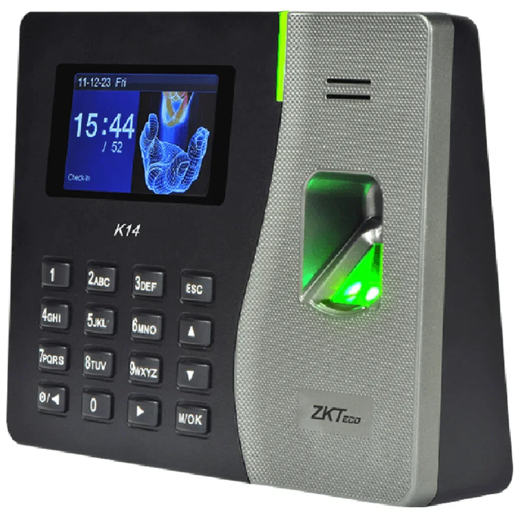 Reloj biométrico de asistencia con lector de huella digital, pantalla y teclado numérico