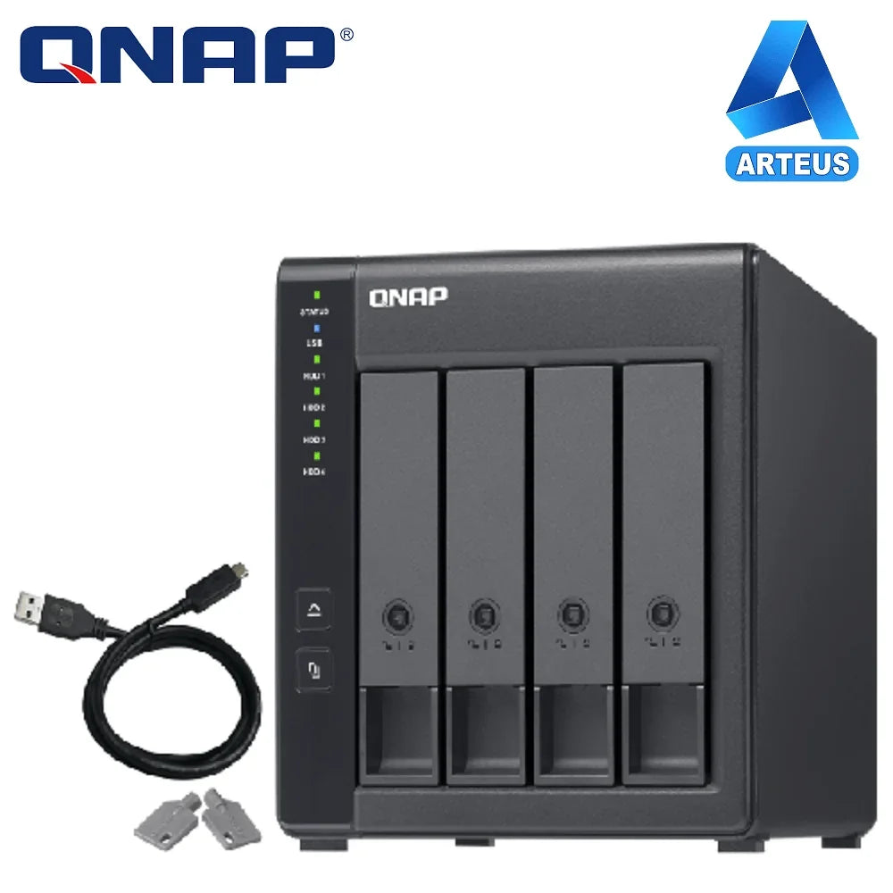 Servidor NAS QNAP de 4 bahías con cable USB y llaves, almacenamiento en red