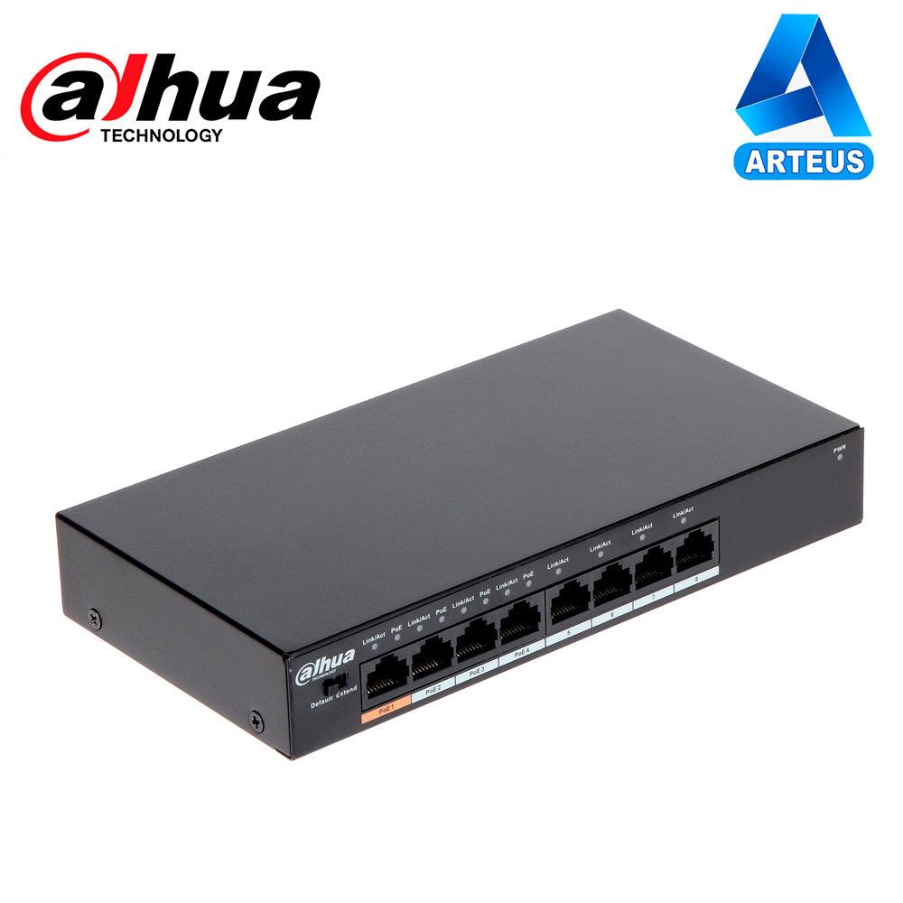 Switch de red 8 puertos, 4 PoE, soporte 60W, color negro, con logos visibles en esquina.