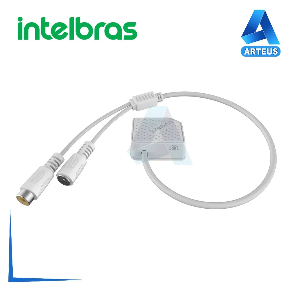 Micrófono de alta fidelidad para cámaras de seguridad con cables y conectores, color blanco.