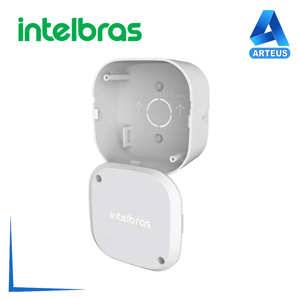 Caja plástica blanca para cámaras de seguridad, dimensiones 102 x 101 x 53 mm, vista abierta.