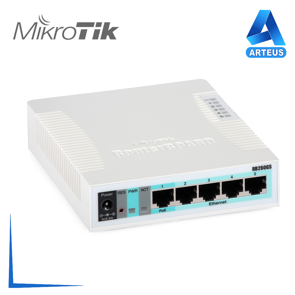 Switch MikroTik RB260GS de 5 puertos Gigabit Ethernet y un puerto SFP, color blanco.