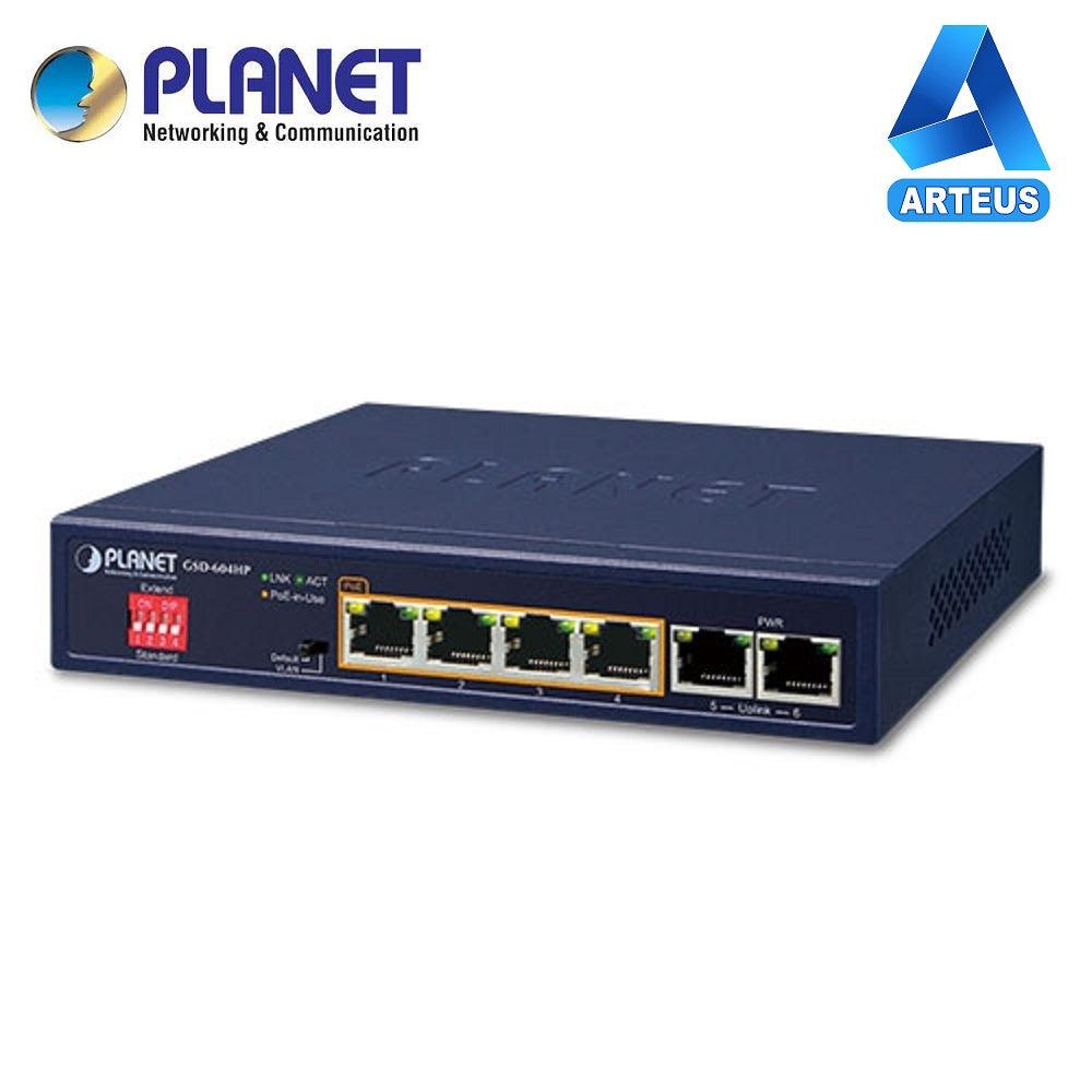 Switch de escritorio PLANET 4 puertos Gigabit, carcasa metálica, puertos PoE, color azul.