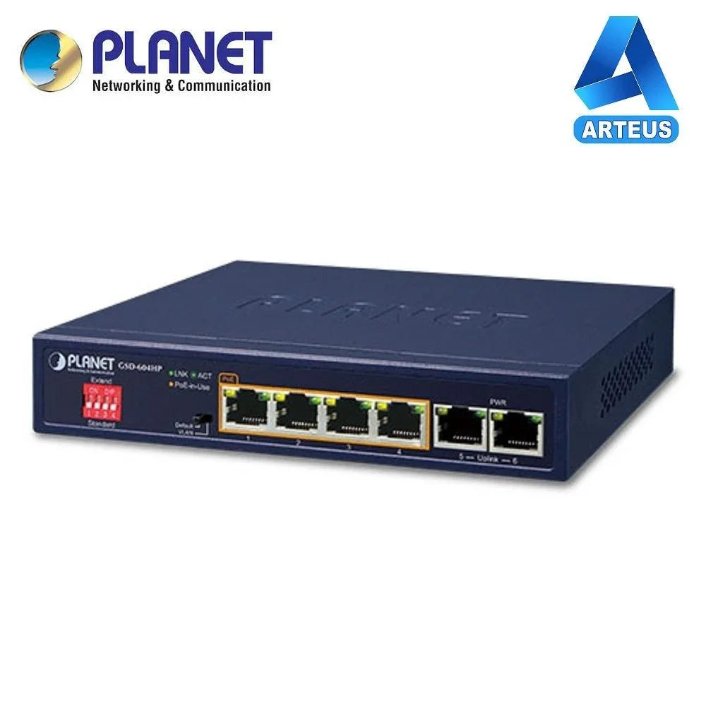 Switch de escritorio PLANET 4 puertos Gigabit, carcasa metálica, puertos PoE, color azul.