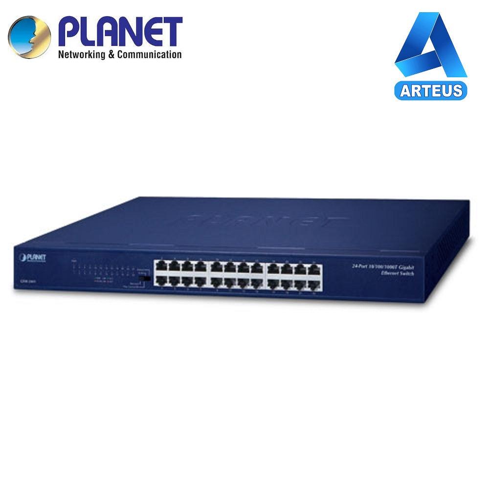 Switch rackeable de red 24 puertos Gigabit Ethernet en carcasa azul, ideal para redes LAN