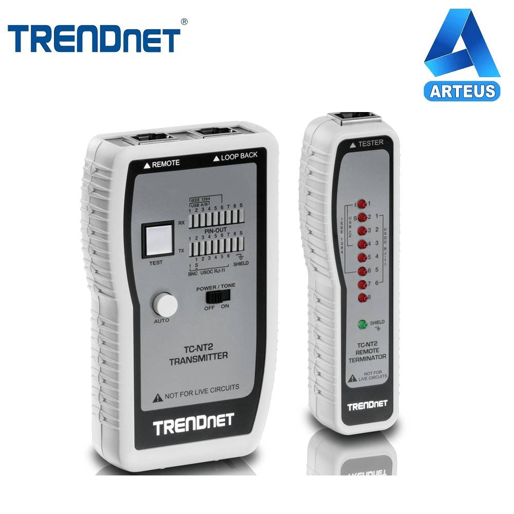Probador de cable de red Trendnet TC-NT2 con pantalla LED para verificación de cables RJ-45 y RJ-11.