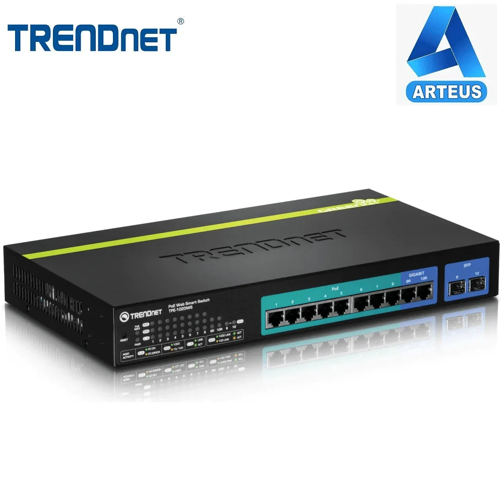 Switch web smart PoE gigabit de 10 puertos Trendnet, con 8 puertos PoE y 2 SFP para fibra óptica.