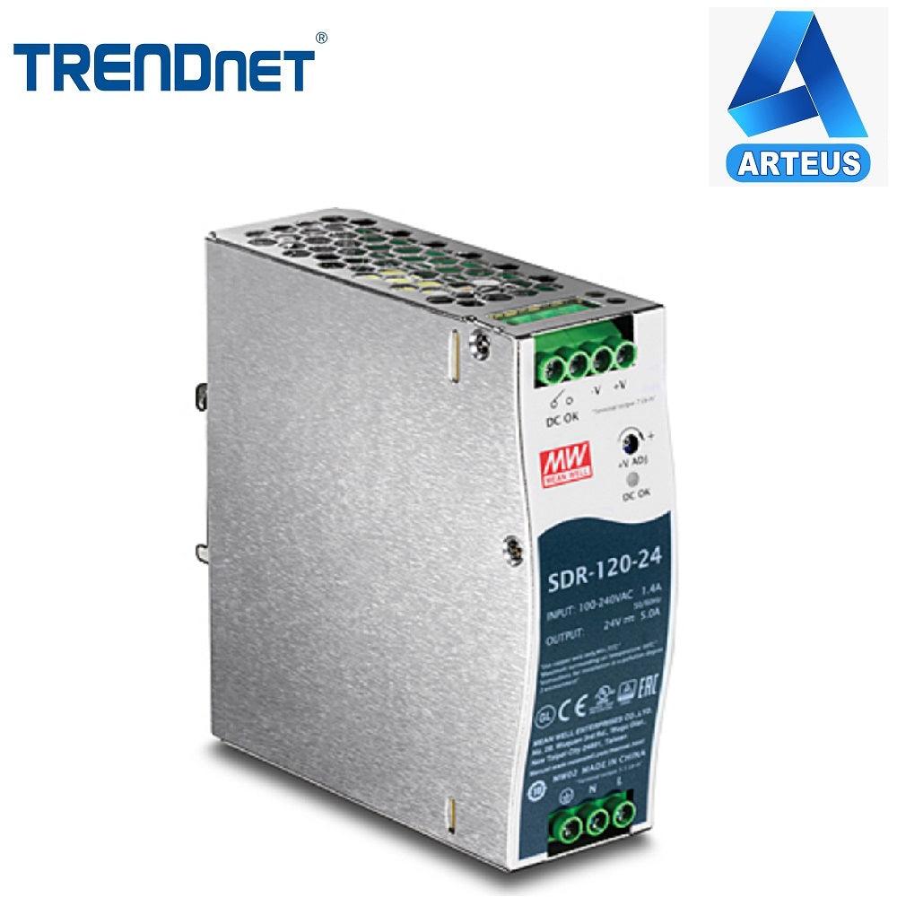 Fuente de alimentación industrial de riel DIN SDR-120-24, salida 24V 120W, color metálico.