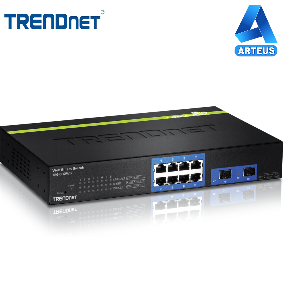 Switch de red Gigabit 8 puertos TRENDnet TEG-082WS con 2 ranuras SFP, ideal para redes empresariales
