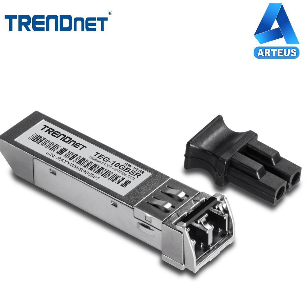 Módulo SFP multimodo LC 10GBASE-SR TRENDnet para redes, conector y etiquetas visibles