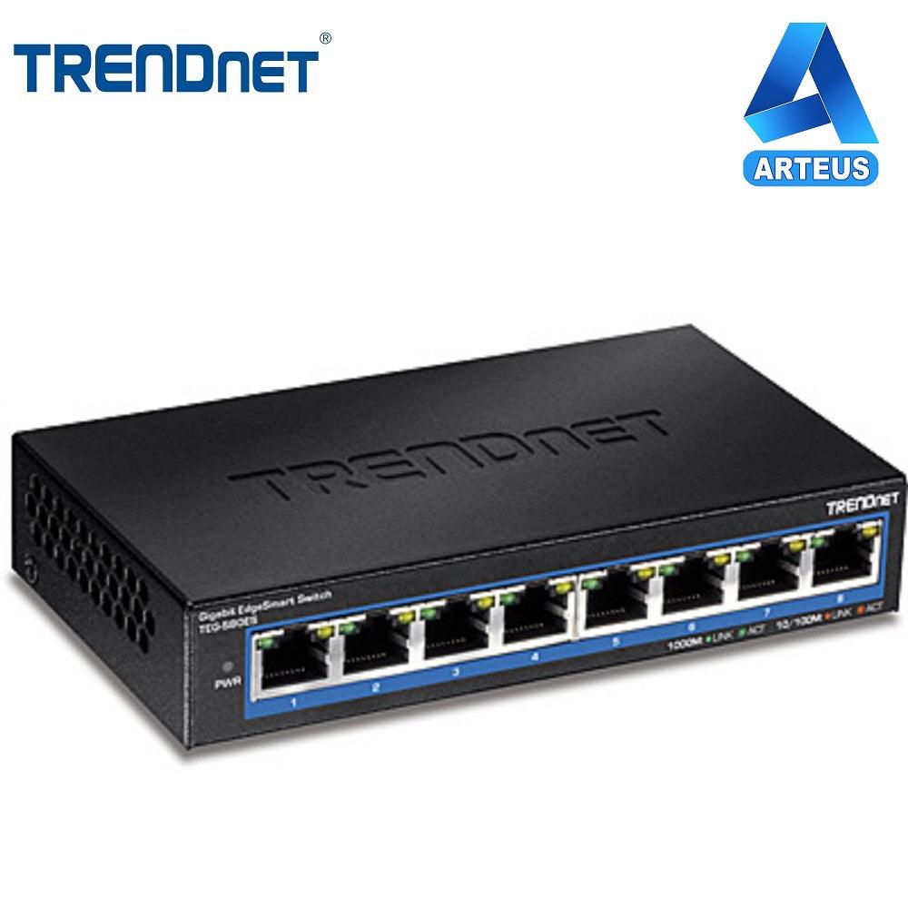 Switch Gigabit de 8 puertos con carcasa negra, ideal para redes y cableado estructurado