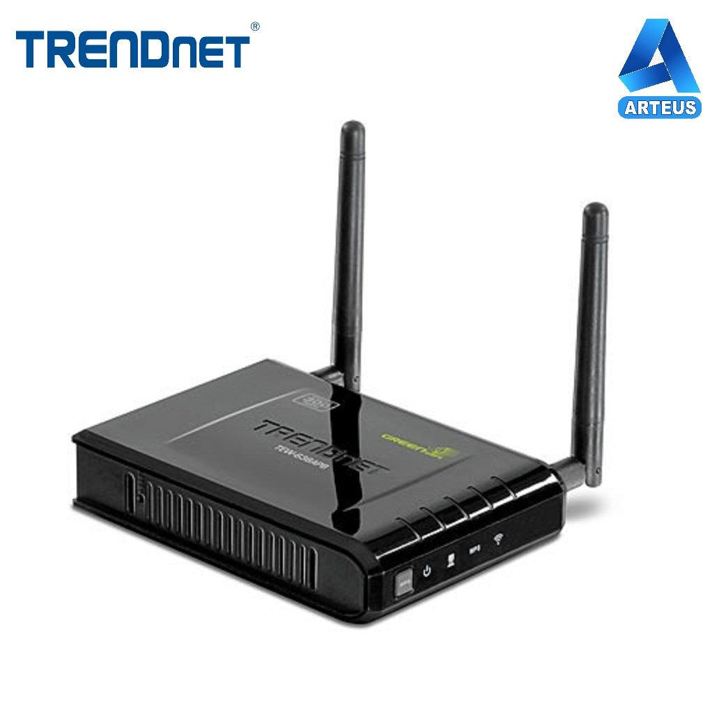 Punto de acceso inalámbrico TRENDnet N300 negro con dos antenas y logotipos visibles