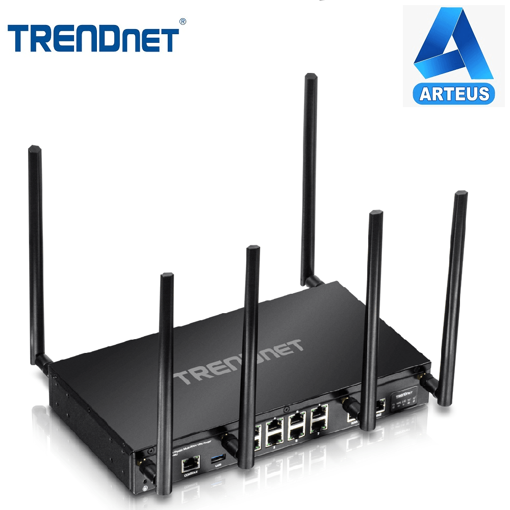 Router inalámbrico tribanda con seis antenas y puertos Ethernet visibles, ideal para redes empresariales.