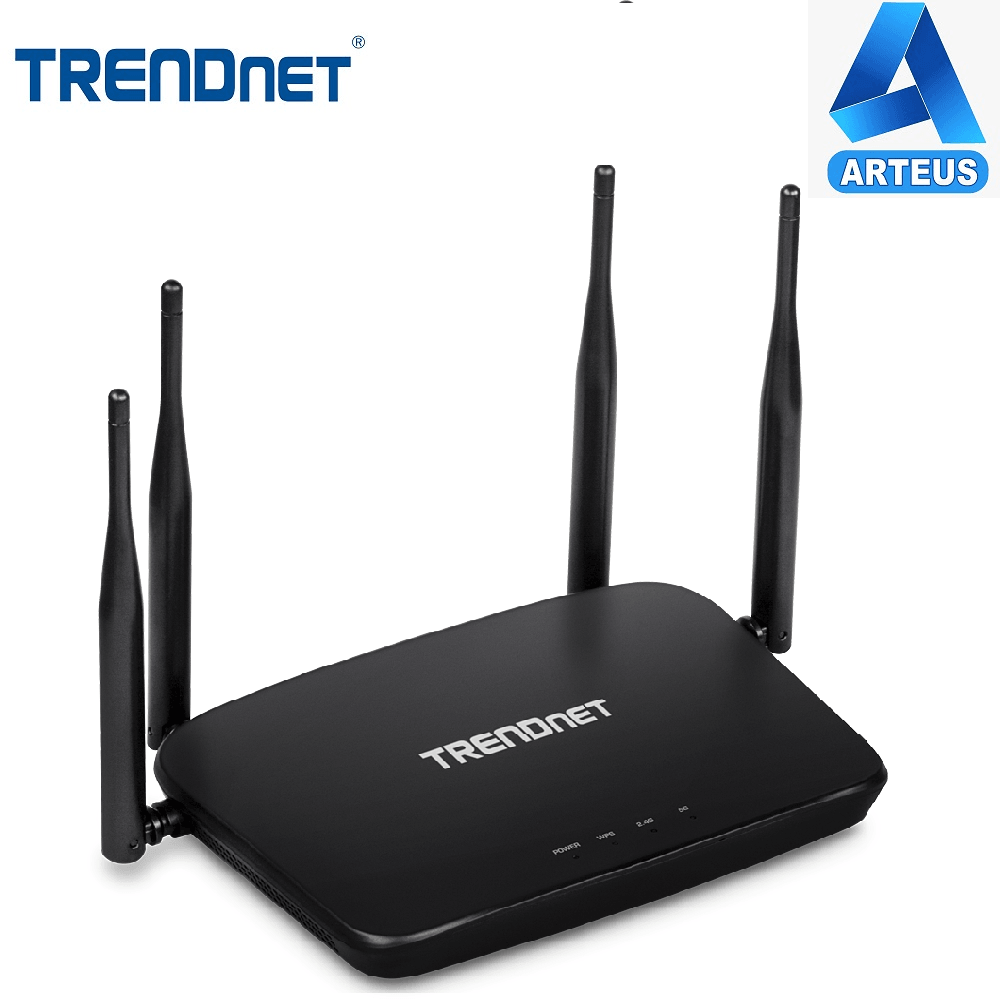 Router WiFi doble banda AC1200 de TRENDnet con cuatro antenas, color negro, sobre fondo blanco.