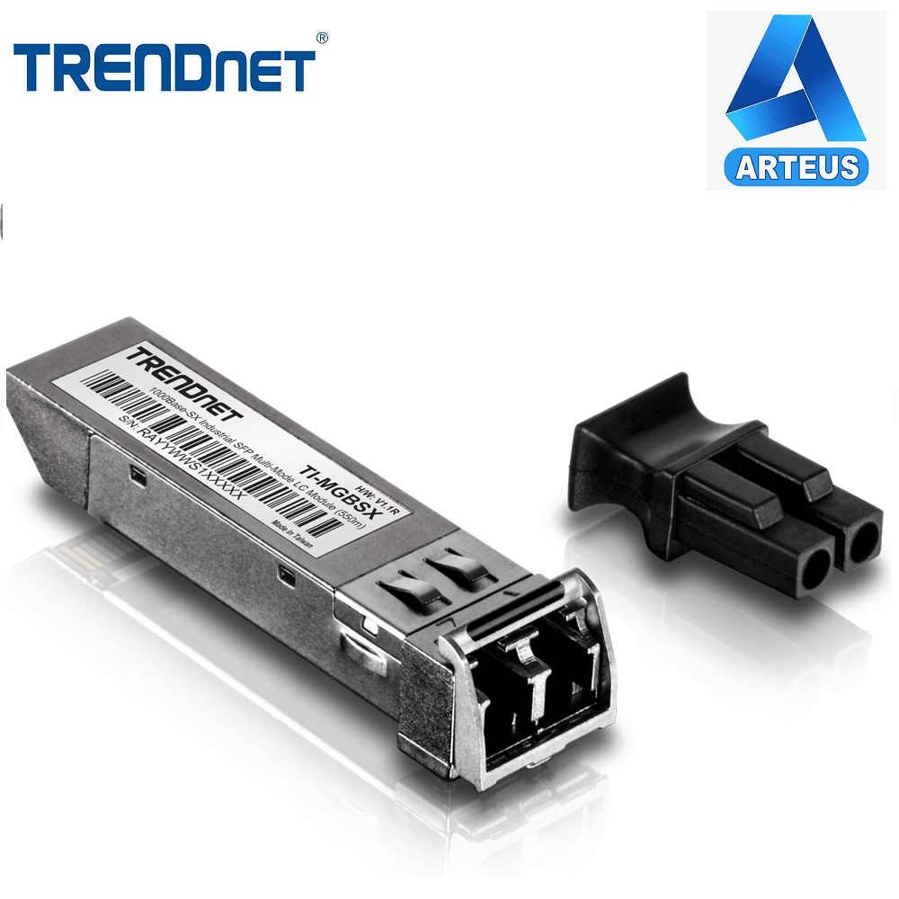 Módulo mini GBIC Trendnet SX multimodo para redes, conector y etiquetas visibles