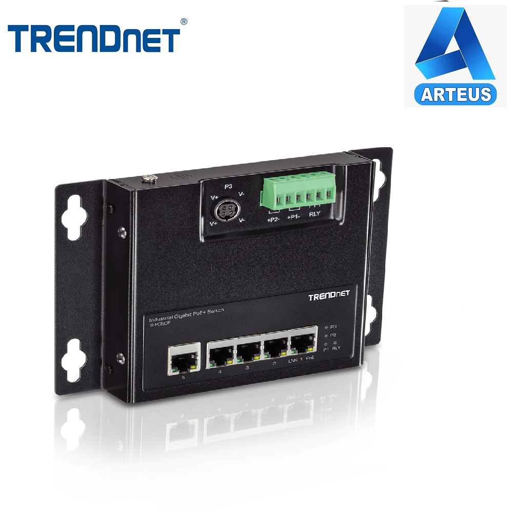Switch industrial Gigabit PoE de 5 puertos montaje en pared, con conectores y puertos de red