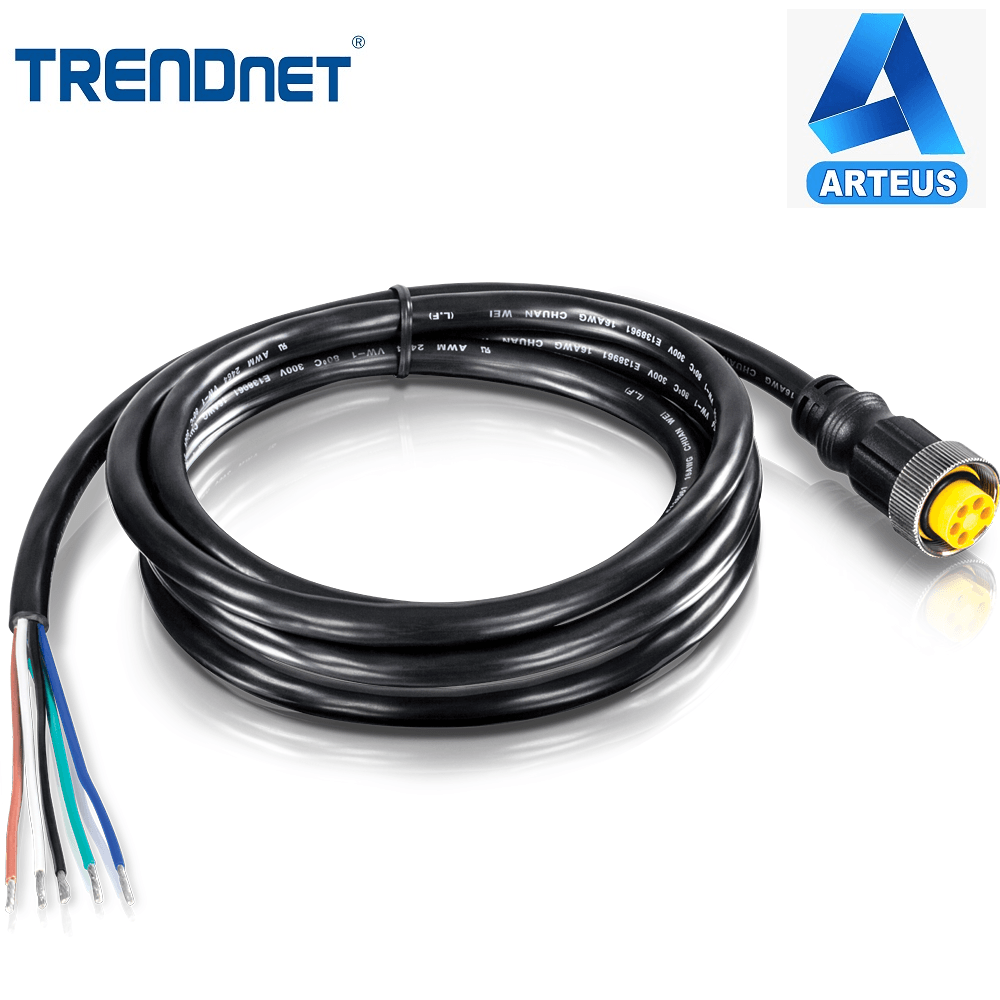 Cable de alimentación industrial M23 de 2 metros con conector macho y cables expuestos.
