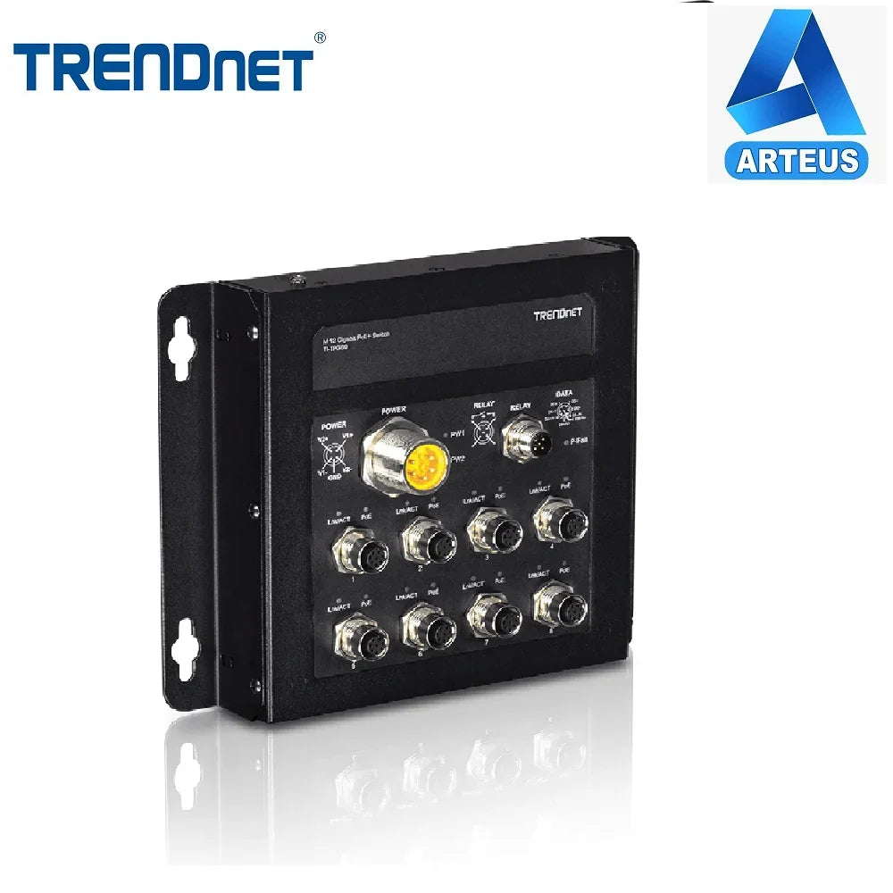 Switch industrial TRENDnet TI-TPG80 de 8 puertos Gigabit PoE con conectores M12 metálico