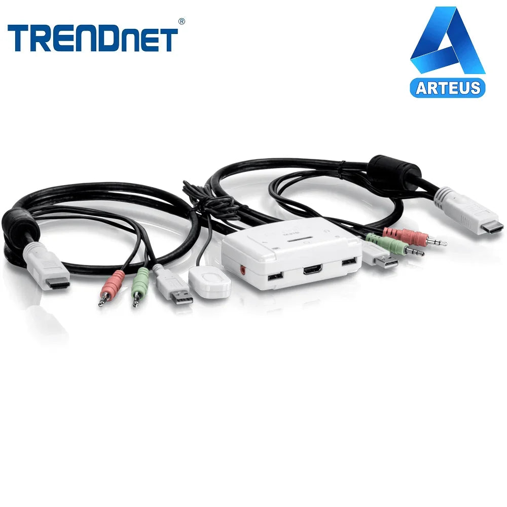 Switch KVM HDMI de 2 puertos con cables USB y audio, conector para redes y computo.