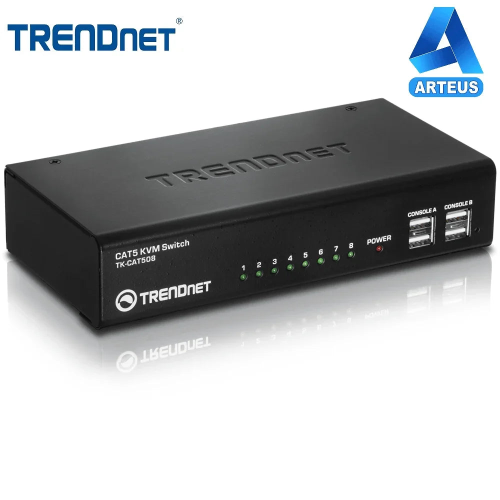 Switch KVM Trendnet de 8 puertos CAT5, dispositivo de red con indicadores LED y puertos USB
