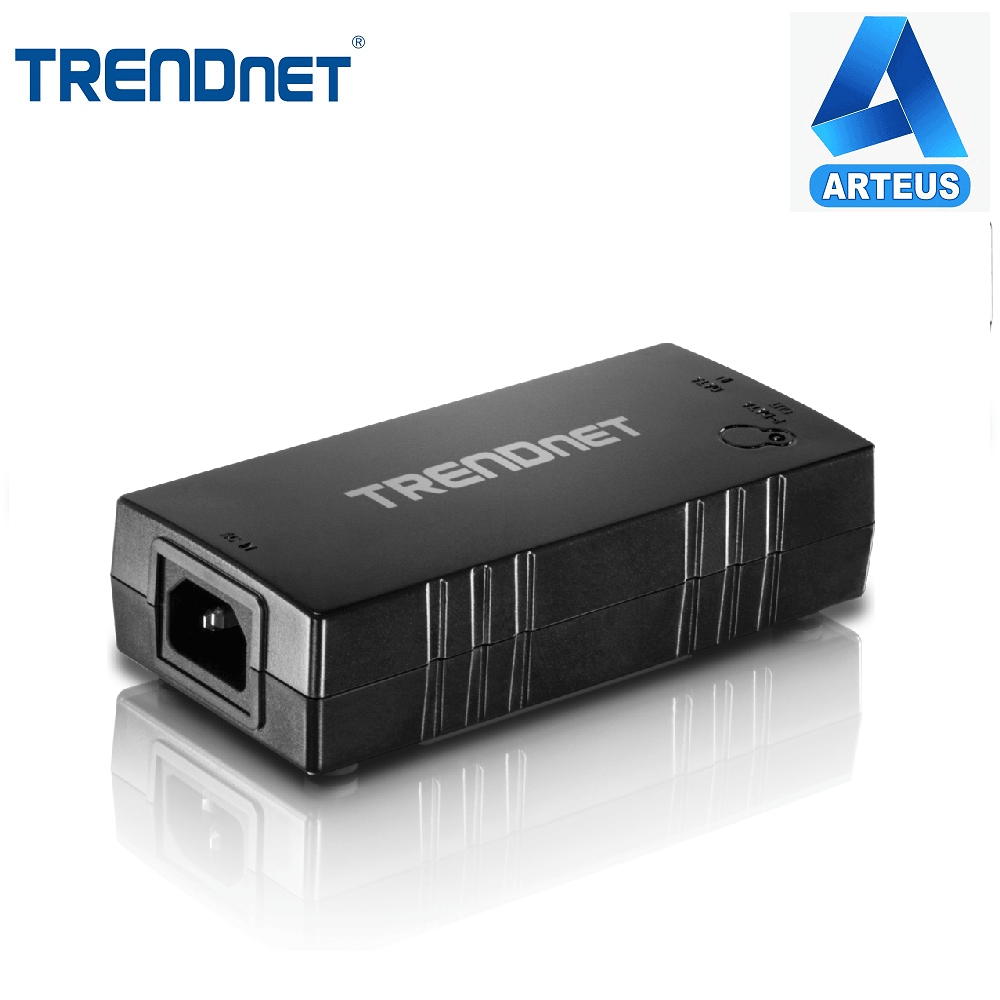 Inyector PoE Gigabit TRENDnet negro para redes y cableado estructurado sobre fondo blanco