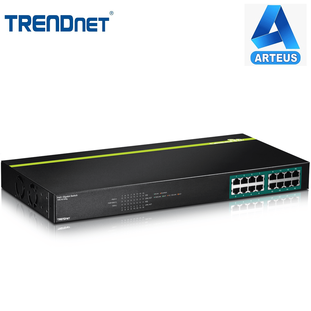 Switch gigabit PoE de 16 puertos, carcasa negra, conectores RJ45 visibles, ideal para redes