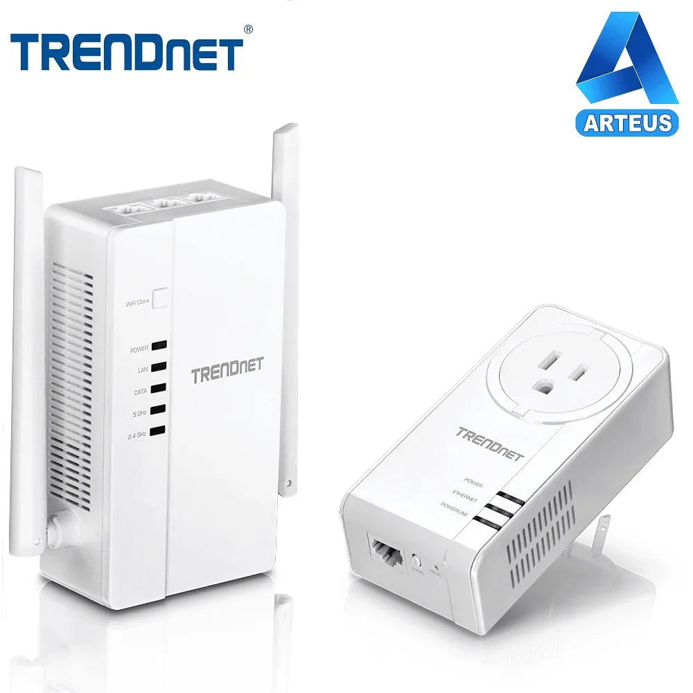 Kit adaptador Powerline WiFi AC1200, dos dispositivos blancos TRENDnet con puertos Ethernet